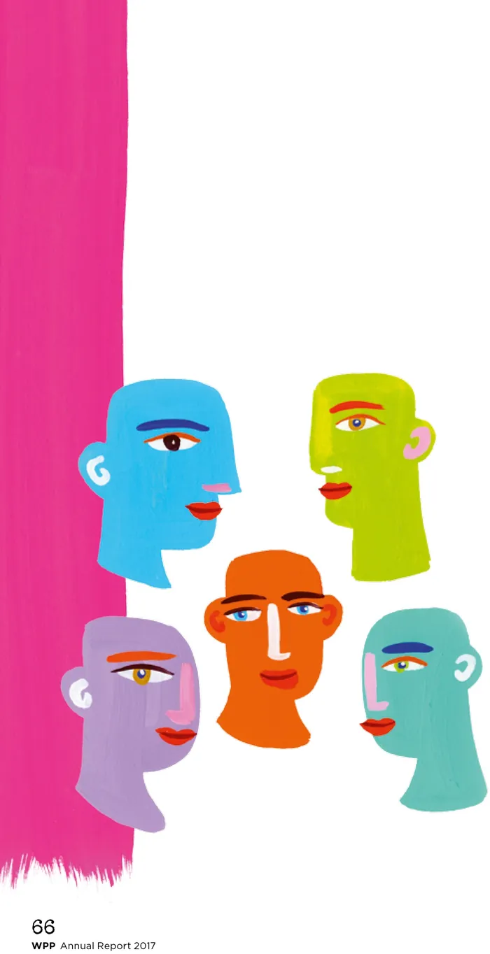 Five abstract faces in different colors against white background