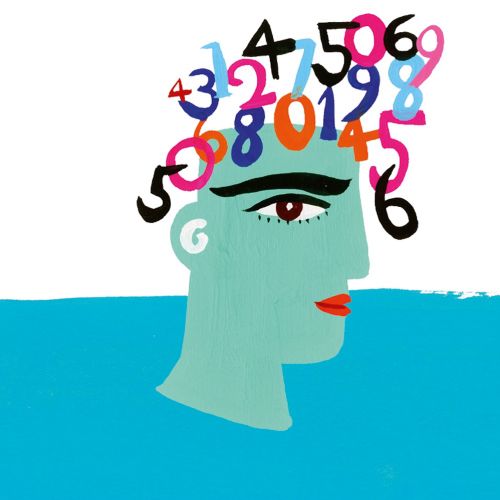 Abstract head with multicolored numbers as hair on a blue background