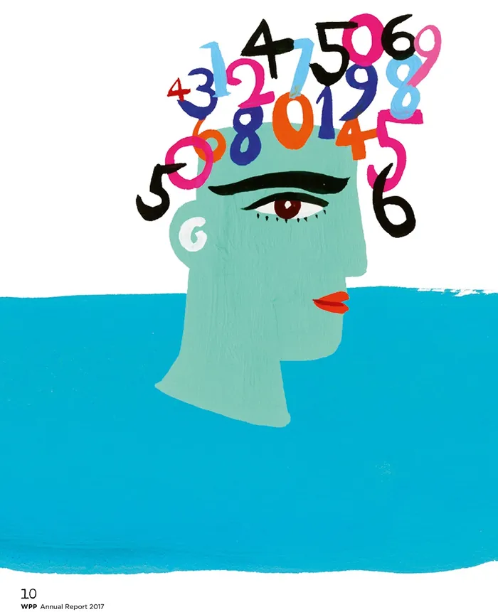 Abstract head with multicolored numbers as hair on a blue background