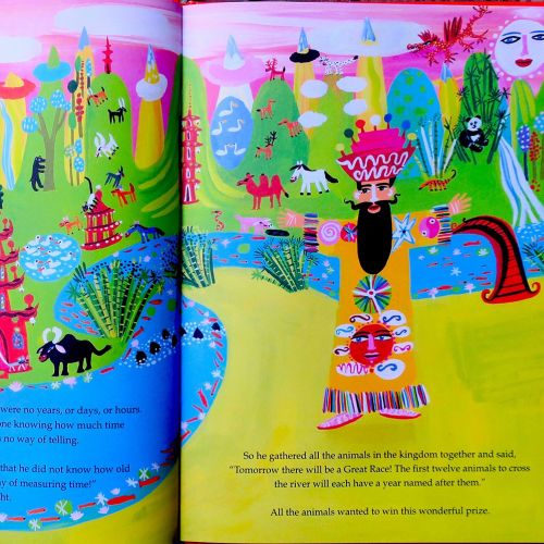 Bright fantasy scene with animals, trees, and mystical creatures