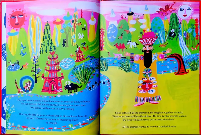 Bright fantasy scene with animals, trees, and mystical creatures