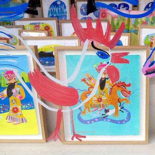 Bright and colorful animal paintings including rooster and blue horse