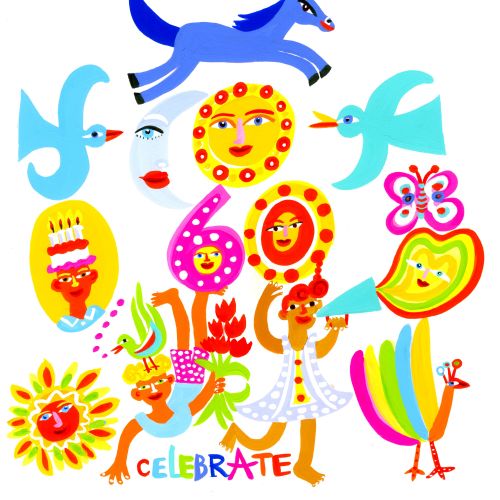 Whimsical colorful drawing featuring animals, flowers, faces, and celebration icons