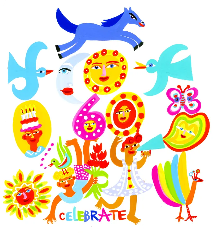 Whimsical colorful drawing featuring animals, flowers, faces, and celebration icons