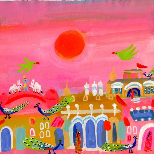 Whimsical cityscape with birds, animals, and an orange sun on pink sky