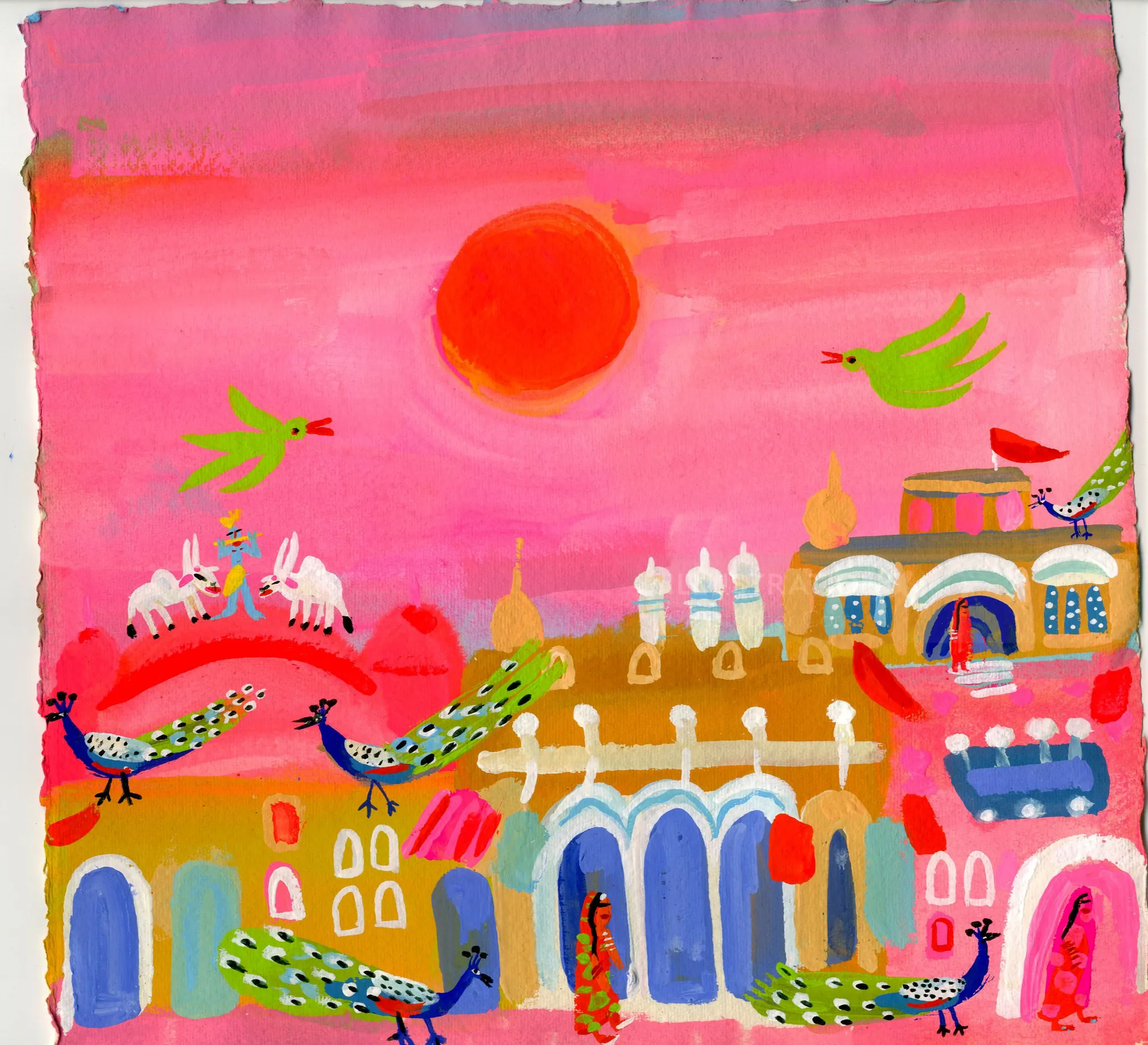 Whimsical cityscape with birds, animals, and an orange sun on pink sky