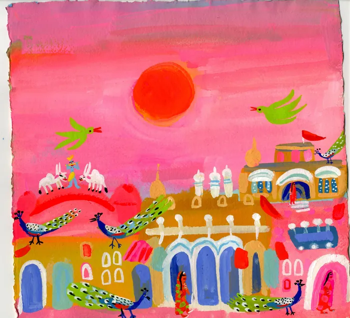 Whimsical cityscape with birds, animals, and an orange sun on pink sky