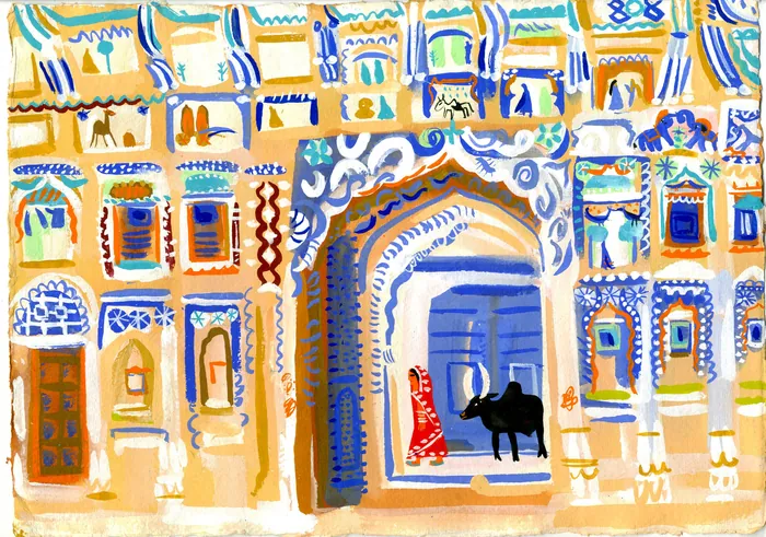 Ornate archway with detailed patterns, person in red, and black bull
