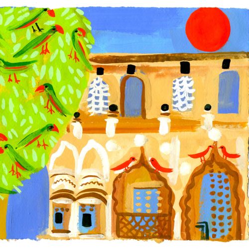 Painting of green tree with birds and beige building with red sun in sky