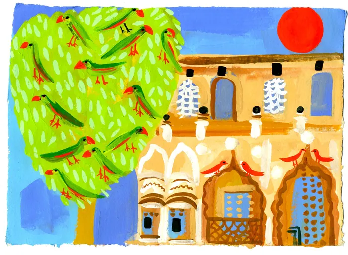 Painting of green tree with birds and beige building with red sun in sky