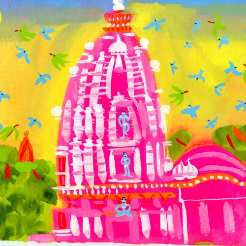 Vibrant pink Indian temple with green trees and birds on a sunny day illustration.