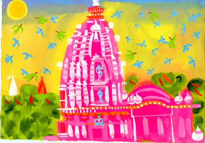 Vibrant pink Indian temple with green trees and birds on a sunny day illustration.