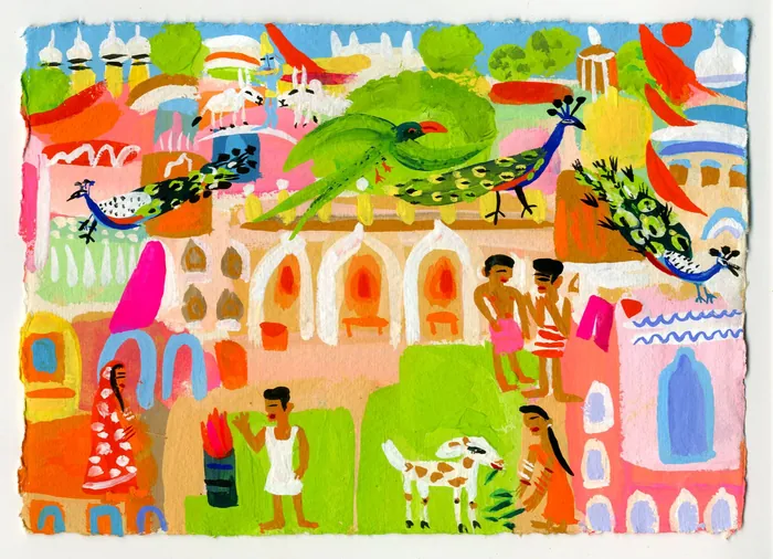 Folk art village scene with colorful birds, people, and buildings