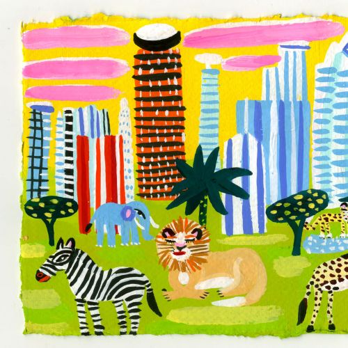 Illustration of city skyline with various wild animals on grass.