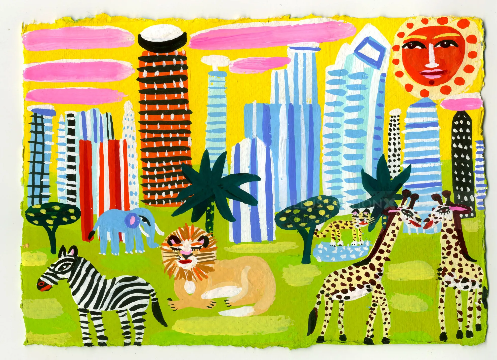 Illustration of city skyline with various wild animals on grass.