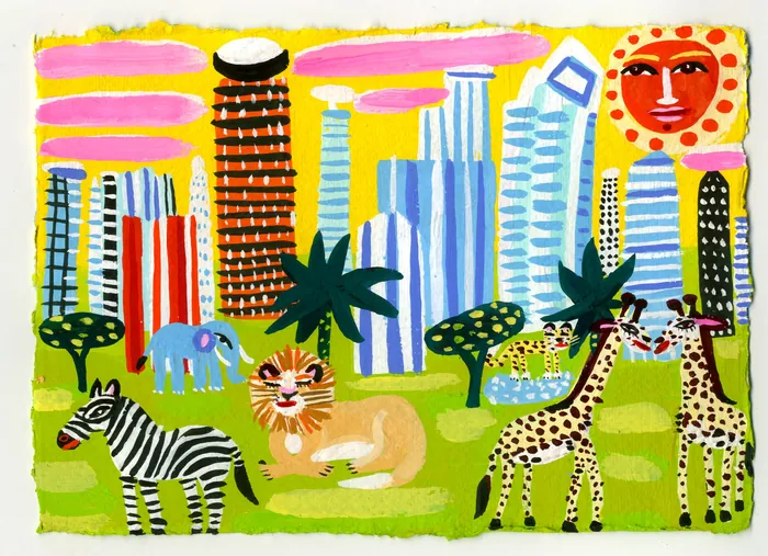 Illustration of city skyline with various wild animals on grass.