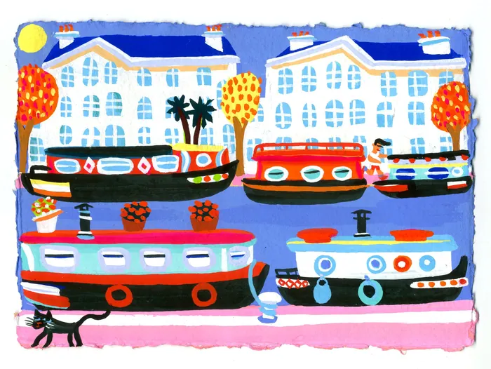 Colorful boats docked by bright buildings with trees in a waterfront setting