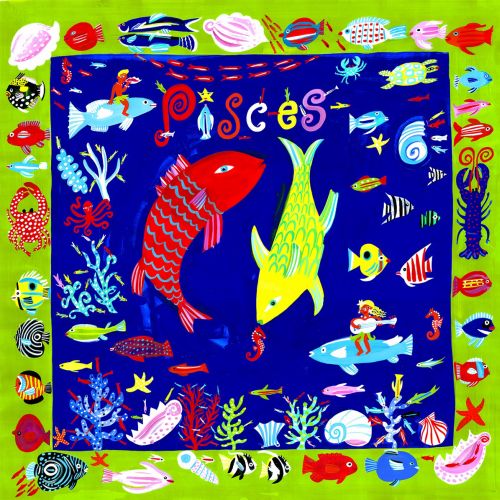 Bright Pisces zodiac illustration with fish, sea creatures, and coral
