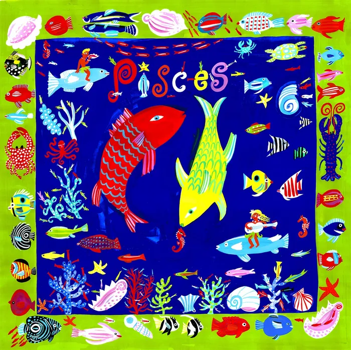 Bright Pisces zodiac illustration with fish, sea creatures, and coral
