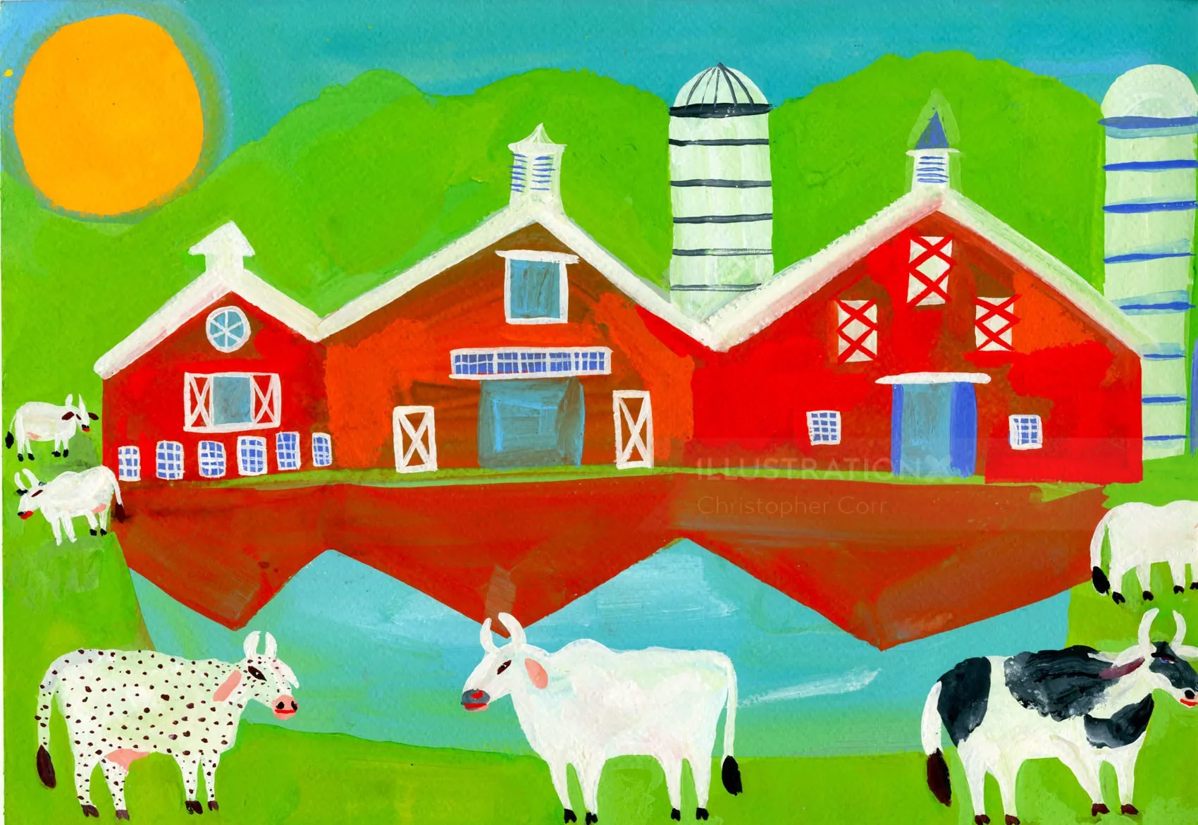 Colorful red barns with cows grazing near a pond by Christopher Corr