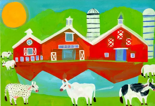 Colorful red barns with cows grazing near a pond by Christopher Corr