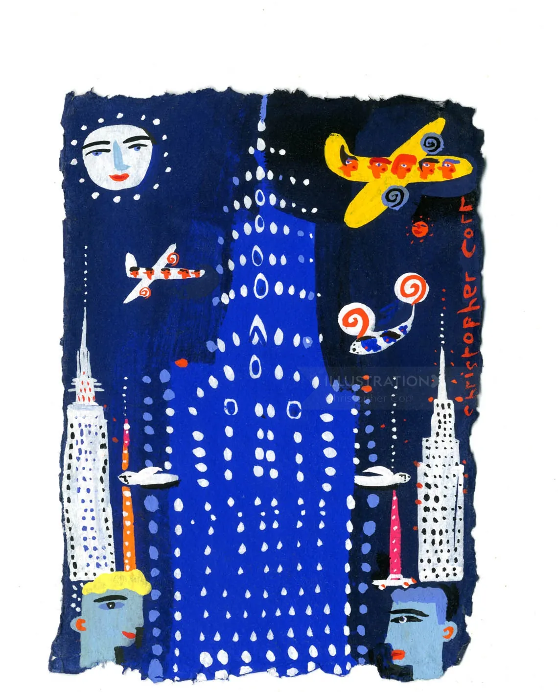 Night cityscape with colorful airplanes and skyscrapers by Christopher Corr
