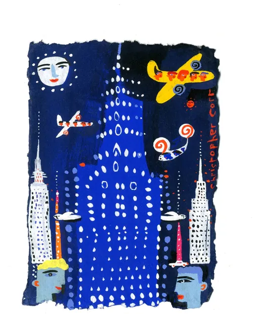 Night cityscape with colorful airplanes and skyscrapers by Christopher Corr