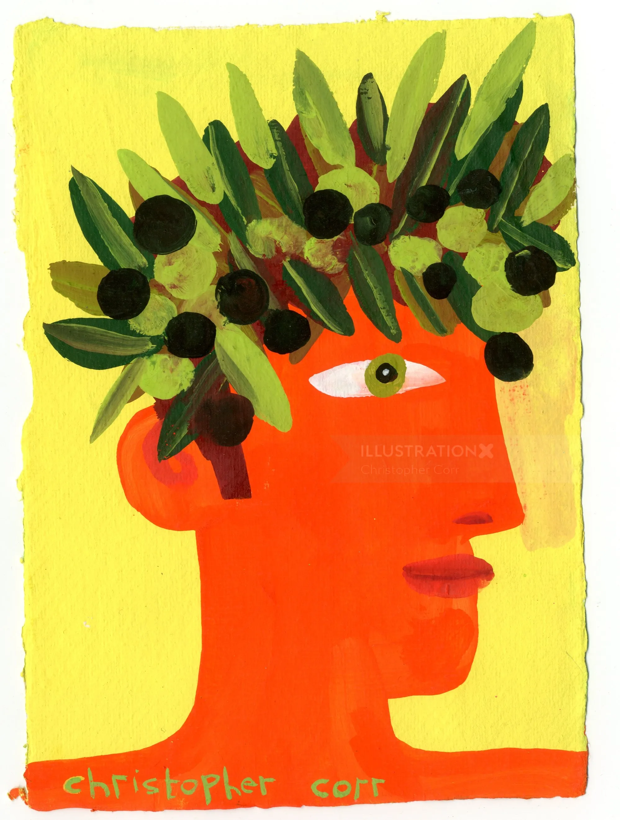 Abstract red head with olive leaf crown by Christopher Corr