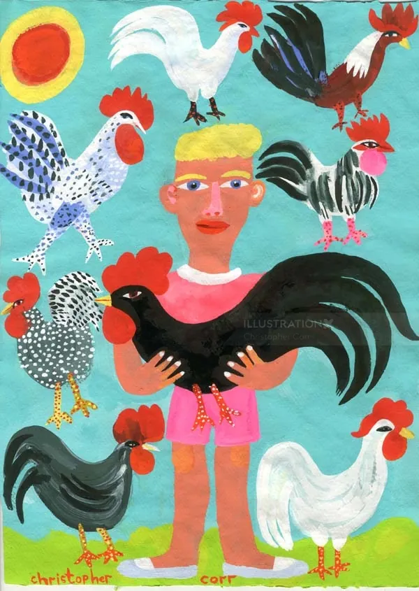Colorful painting of person holding black rooster with chickens around by Christopher Corr