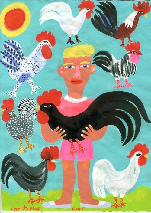 Colorful painting of person holding black rooster with chickens around by Christopher Corr