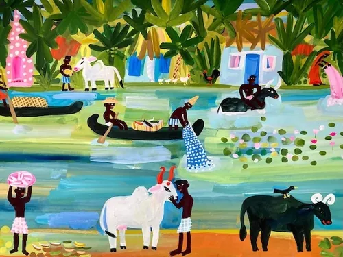 Village by river with cattle and boats in colorful style by Christopher Corr