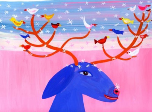 Illustration of birds sitting on deer horns