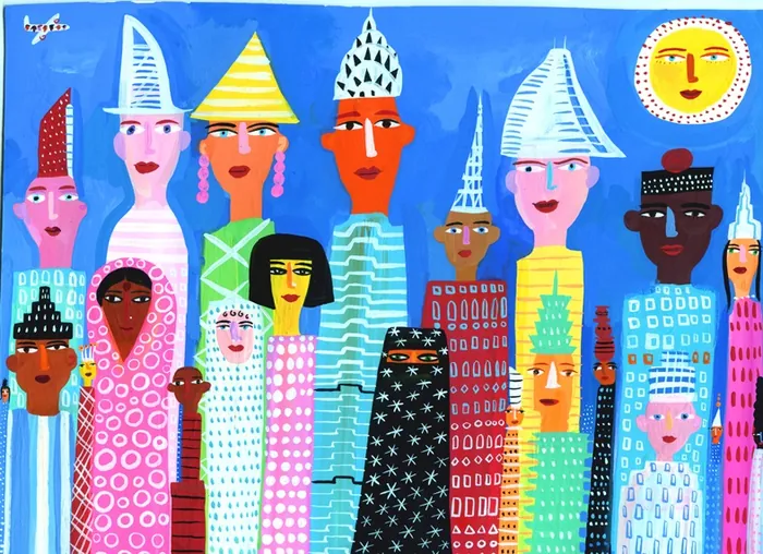 Colorful cityscape with diverse figures under a sun by Christopher Corr