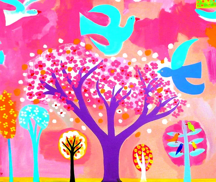 Brightly colored birds flying around vibrant blossoming trees by Christopher Corr