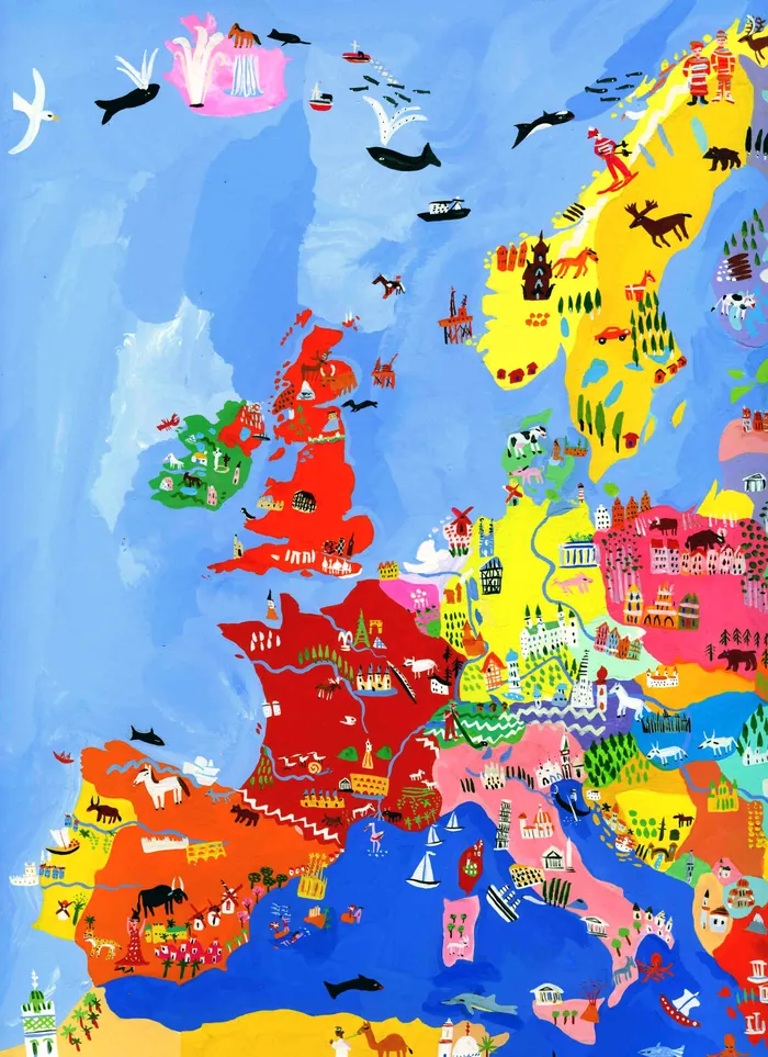 Colorful illustrated map of Europe with animals and landmarks by Christopher Corr