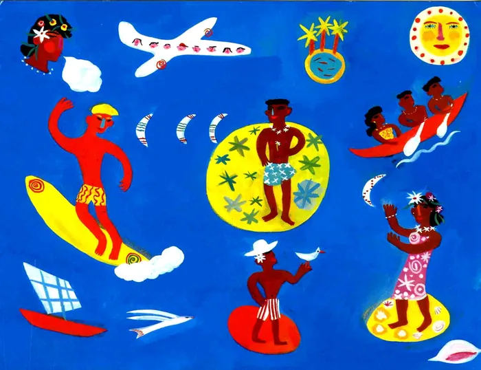 Bright illustration of people surfing, flying, and swimming in the Pacific, by Christopher Corr