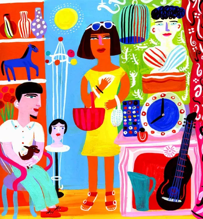 Bright flea market with shoppers, clocks, guitar, and colorful objects by Christopher Corr