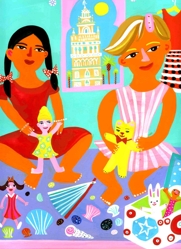 Illustration de personnages enfants colorés jouant avec des poupées