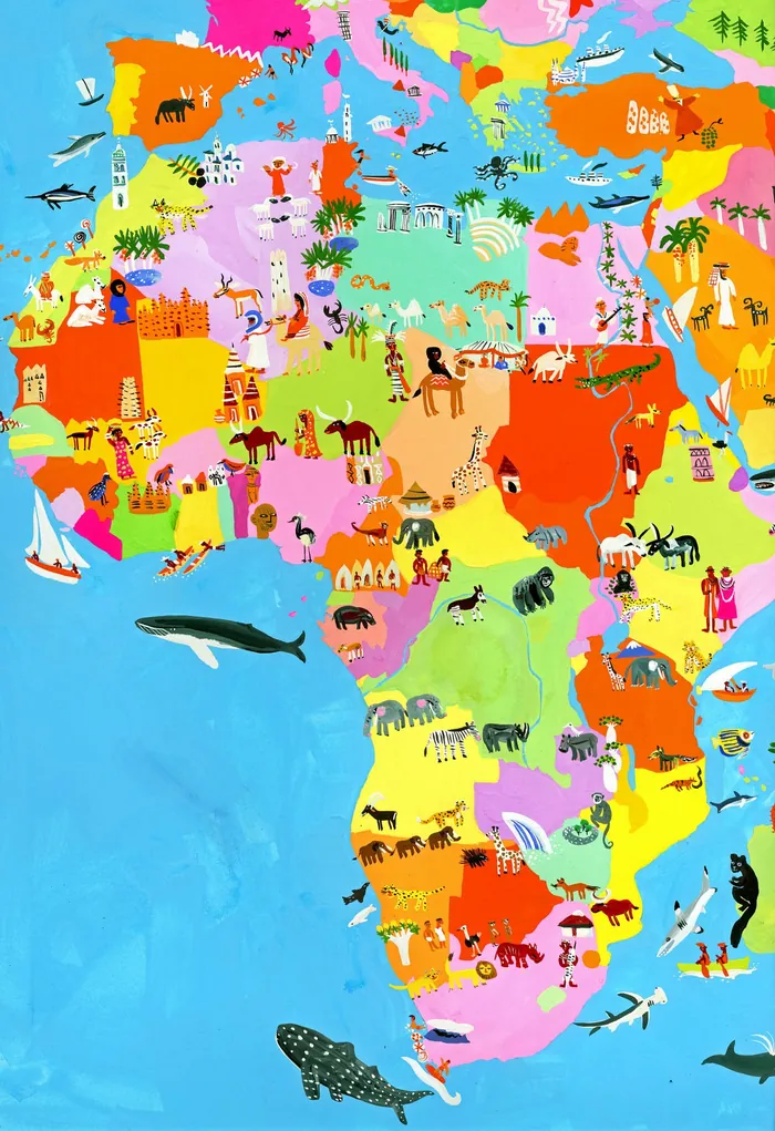 Illustrated map of Africa with animals and landmarks by Christopher Corr