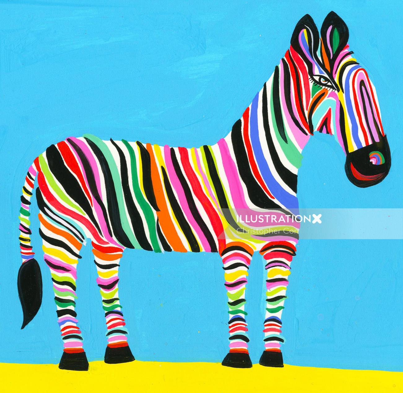 Ilustração de uma zebra com tiras coloridas no corpo por Christopher Corr