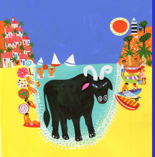 Ilustración de un toro en la playa para portada de libro