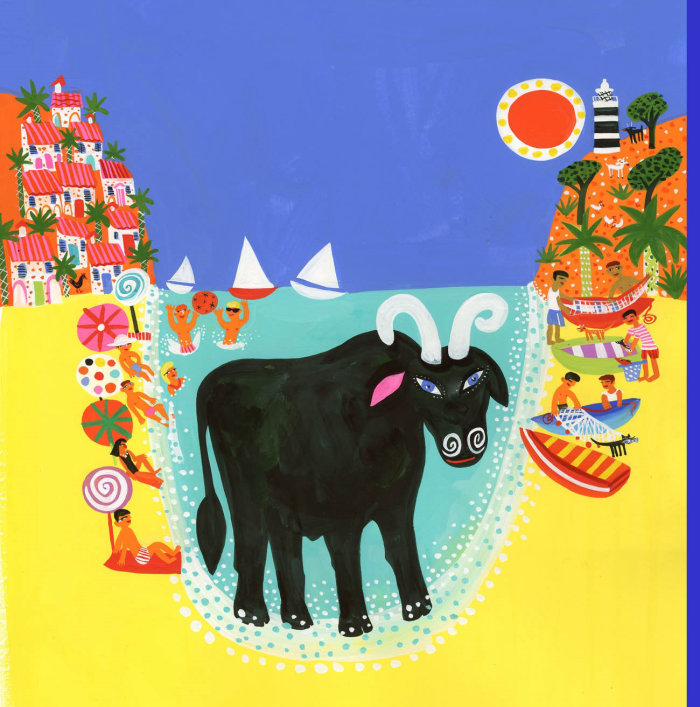 一头公牛在海滩上的书封面的插图