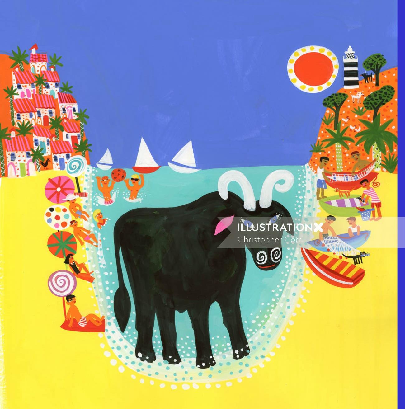 Ilustração de um touro na praia para capa de livro