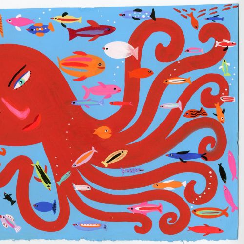 Caricature depicting a red octopus with fishes