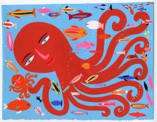 Caricatura representando um polvo vermelho com peixes