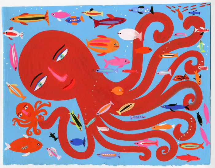 Caricature représentant une pieuvre rouge avec des poissons