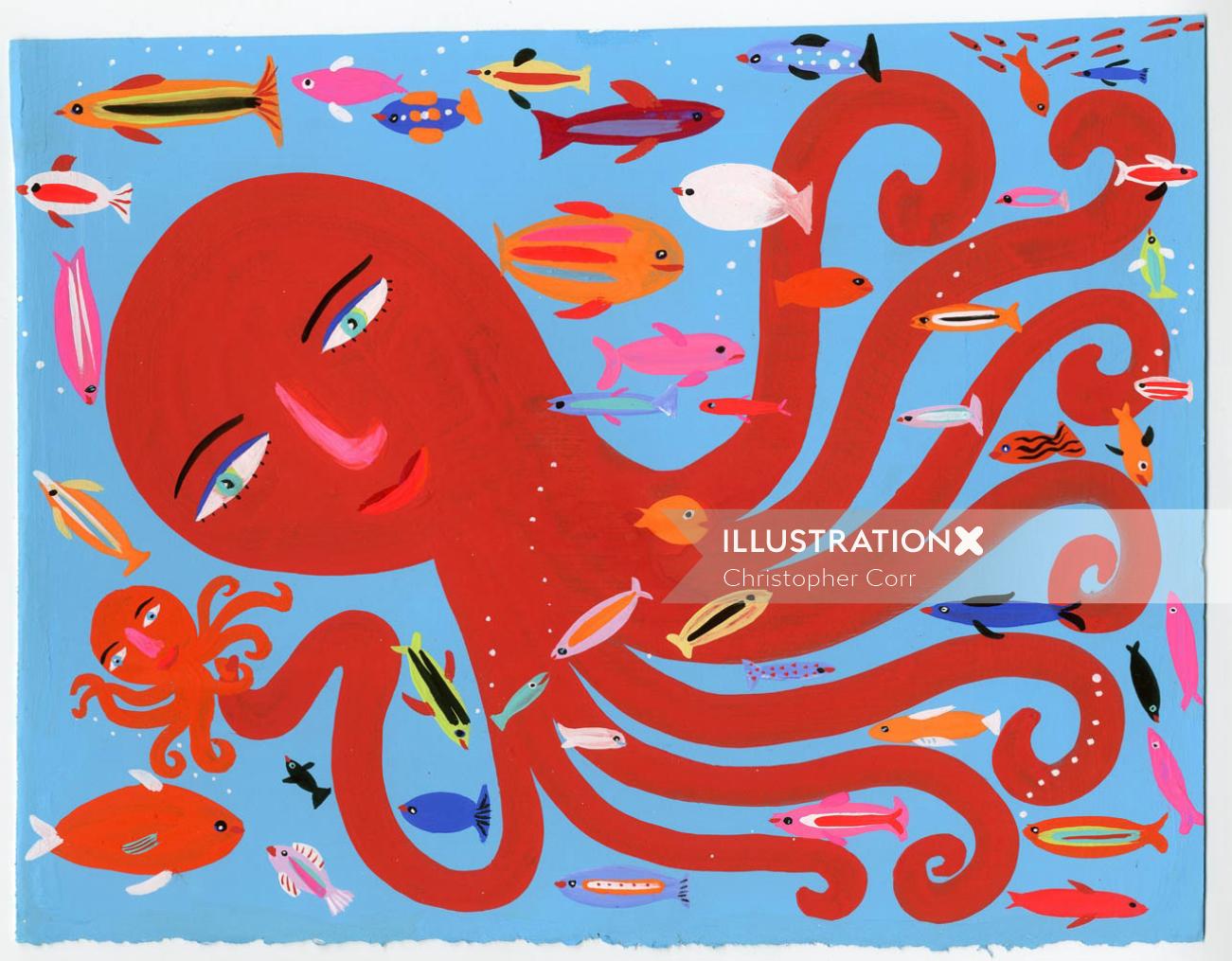 Caricature depicting a red octopus with fishes