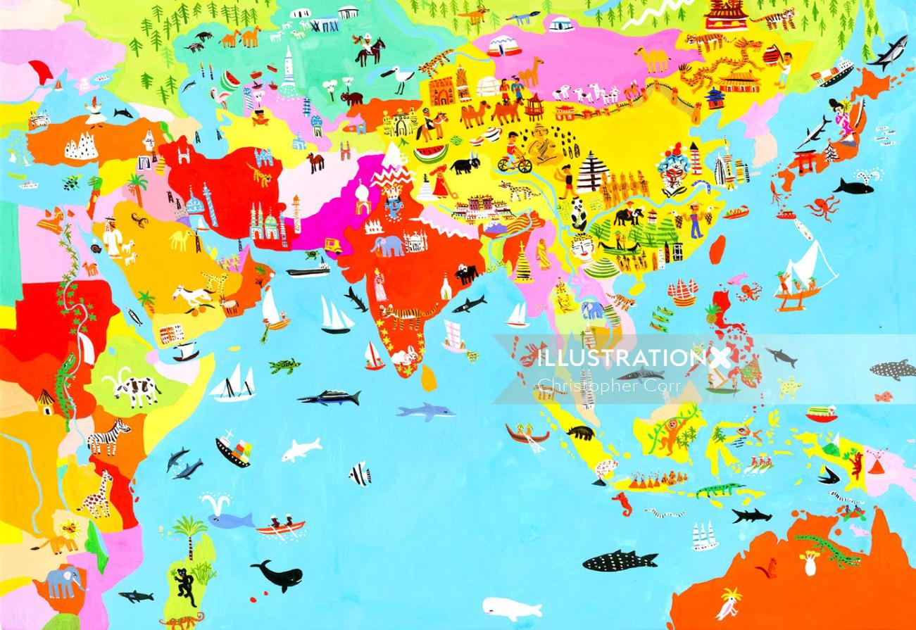 An artistic rendition of a map of Asia