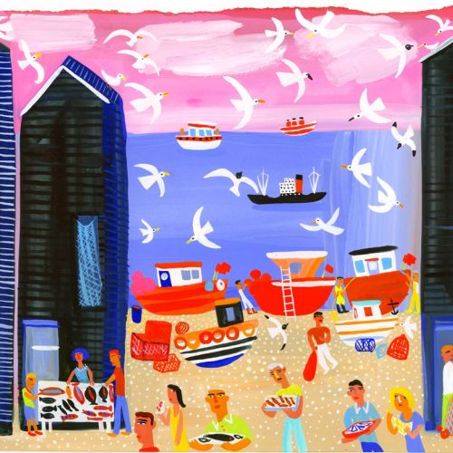Hastings Beach with people - An illustration by  Christopher Corr