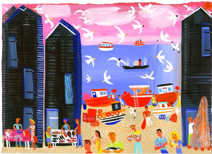 Hastings Beach with people - An illustration by  Christopher Corr